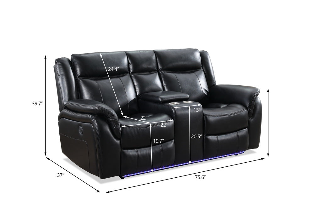 M05 2 Pieces Power Reclining Sofa Sets,Technical Leather Power Reclining Loveseat Power Recliner W Wireless Charger Led Strip For Living Room,Black Black Technical Leather