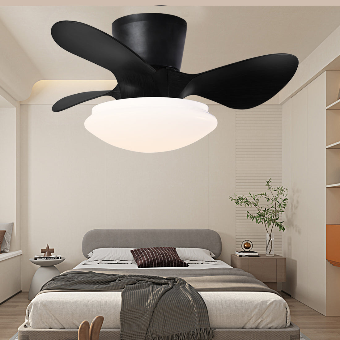 24" Modern Ceiling Fan With Light And Remote,Low Profile Flush Mount Ceiling Fans Indoor,Small Fandelier Ceiling Fans With Dimmable Led Light Fixture For Bedroom Kitchen Black Matt Black Abs Steel Q235