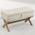 35 Inch Storage Ottoman, Button Tufted Ottoman Linen Storage Bench, Ottoman With Storage Light Beige Burlap