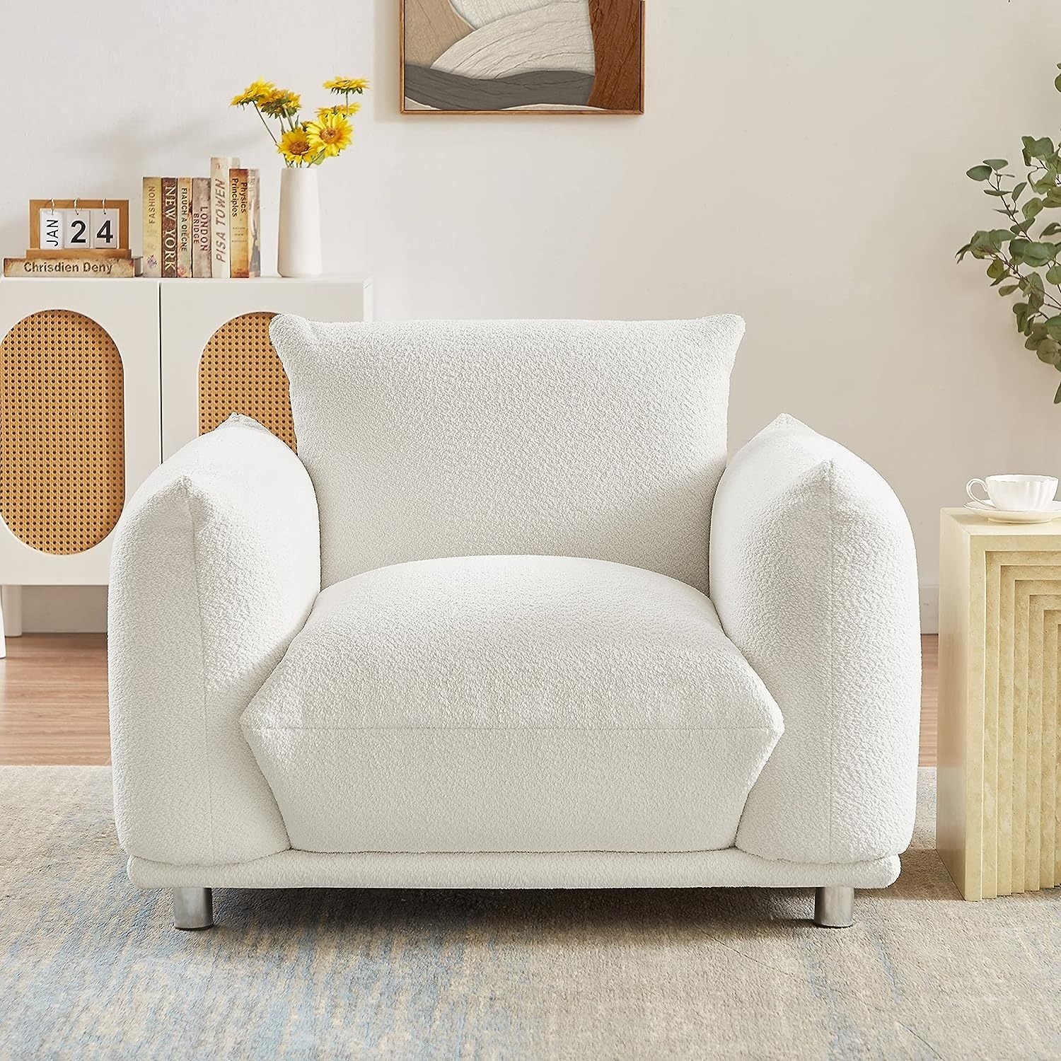 Sherpa Accent Chair Single Sofa 42"W Accent Chair For Bedroom Living Room Apartment, White White Fabric 1 Seat