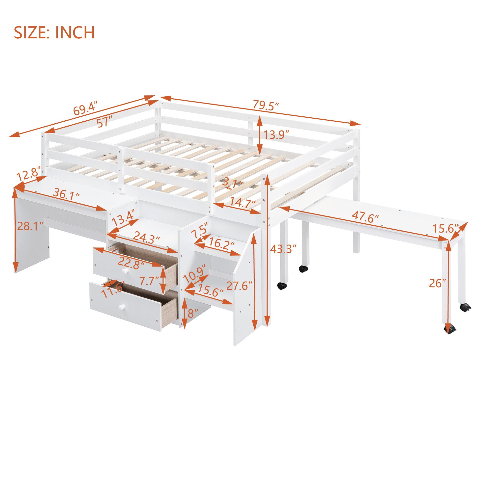 Full Size Loft Bed With Desk And Drawers, Wooden Loft Bed With Lateral Portable Desk, White White Solid Wood Mdf