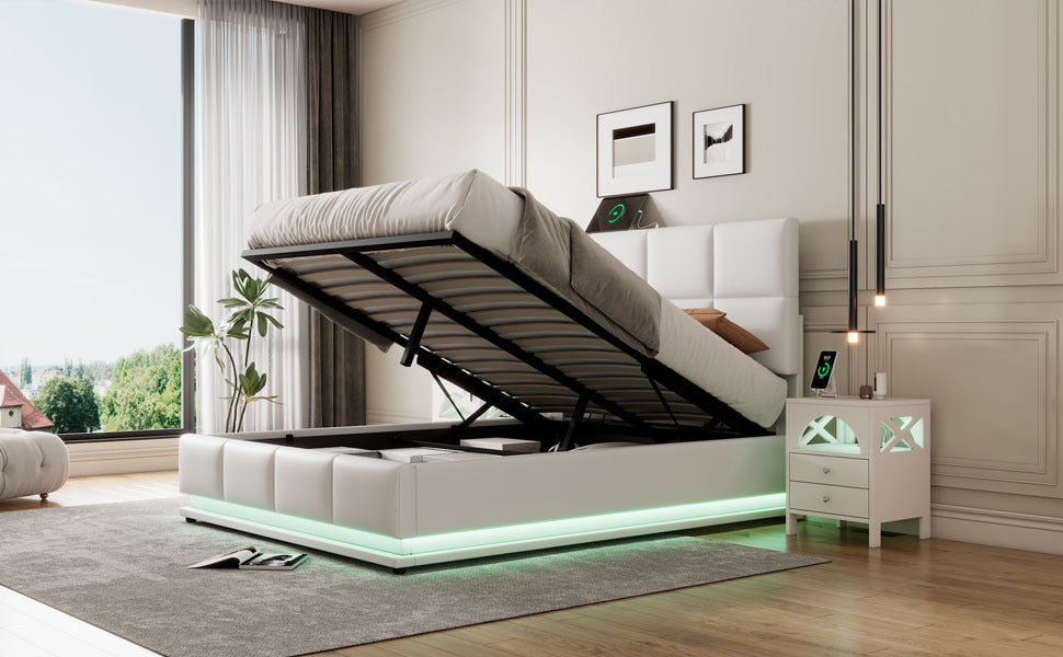 Full Size Tufted Upholstered Platform Bed With Hydraulic Storage System,Pu Storage Bed With Led Lights And Usb Charger, White White Pu