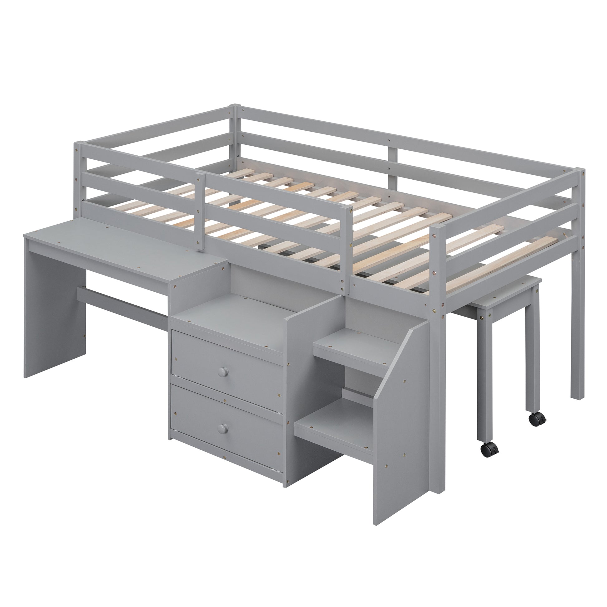 Twin Size Loft Bed With Desk And Drawers, Wooden Loft Bed With Lateral Portable Desk, Gray Gray Solid Wood Mdf