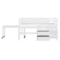 Twin Size Loft Bed With Desk And Drawers, Wooden Loft Bed With Lateral Portable Desk, White White Solid Wood Mdf