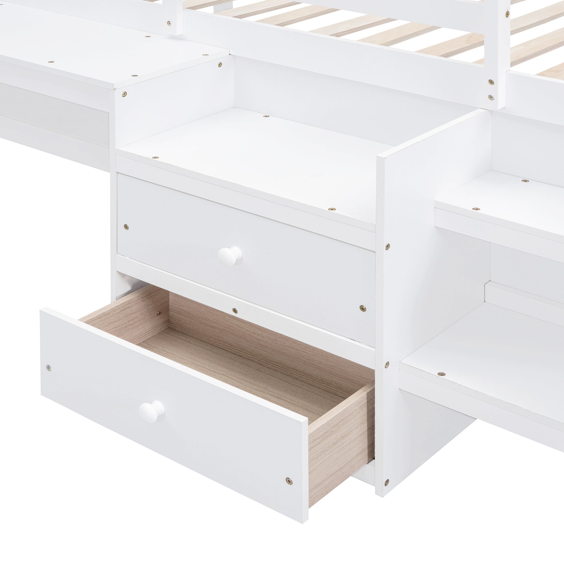 Twin Size Loft Bed With Desk And Drawers, Wooden Loft Bed With Lateral Portable Desk, White White Solid Wood Mdf