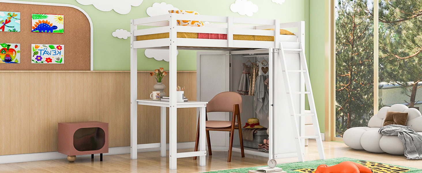 Twin Size Loft Bed With Wardrobe And Desk, White Twin White Rubber Wood