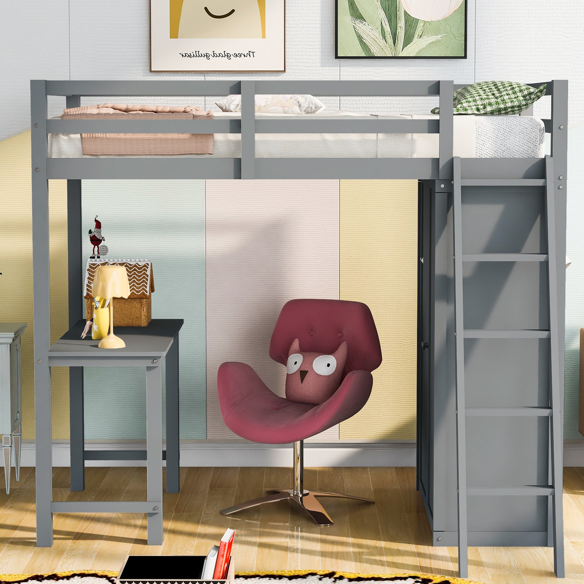 Twin Size Loft Bed With Wardrobe And Desk, Gray Twin Gray Rubber Wood