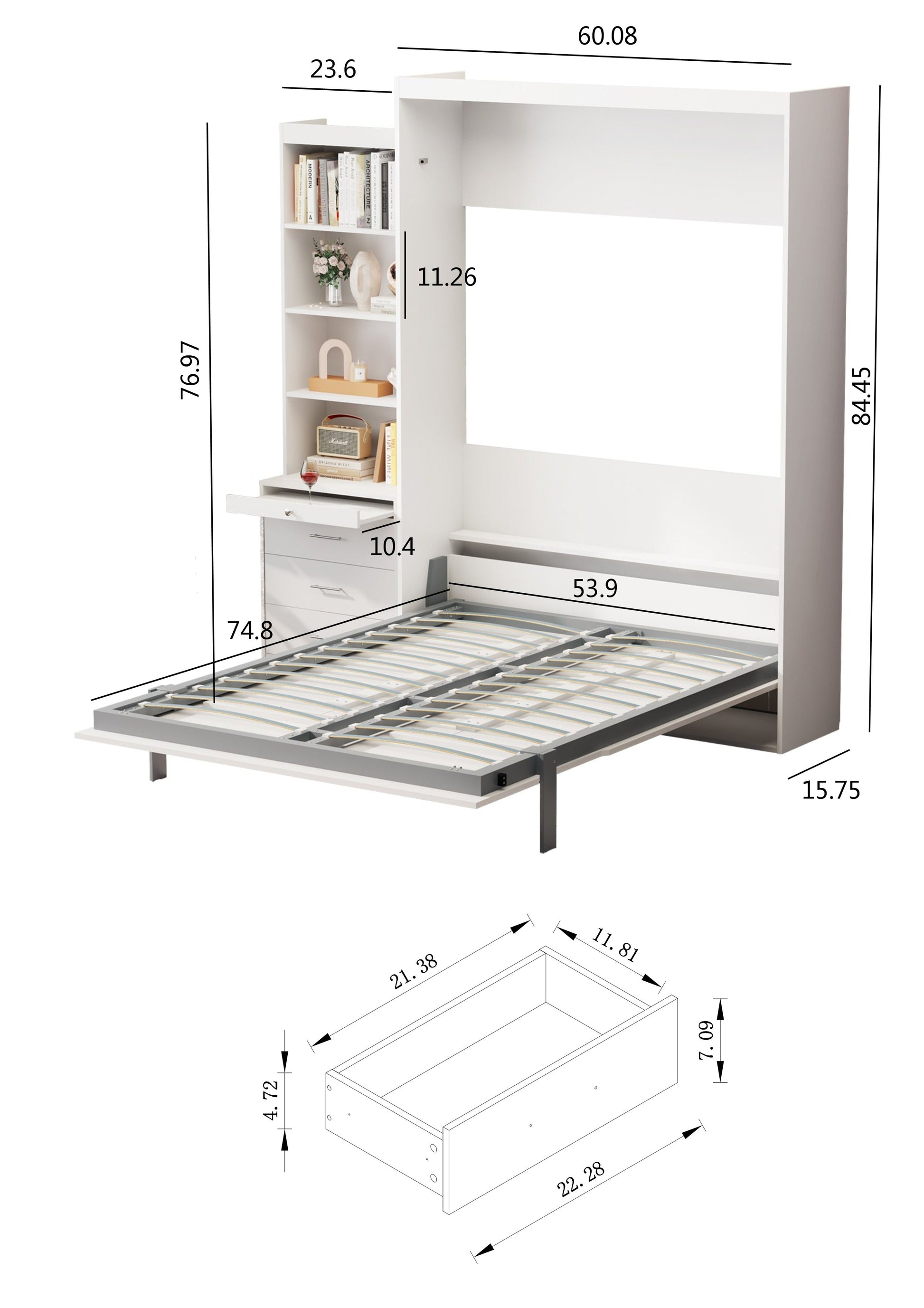 Morden Deisgn Full Size Vertical Murphy Bed With Shelf And Drawers For Bedroom Or Guestroom White Wall Bed Space Saving Hidden Bed With Style Gas Struts Box Spring Not Required Full White Metal White Bedroom American Design,European,Modern Murphy Plywood