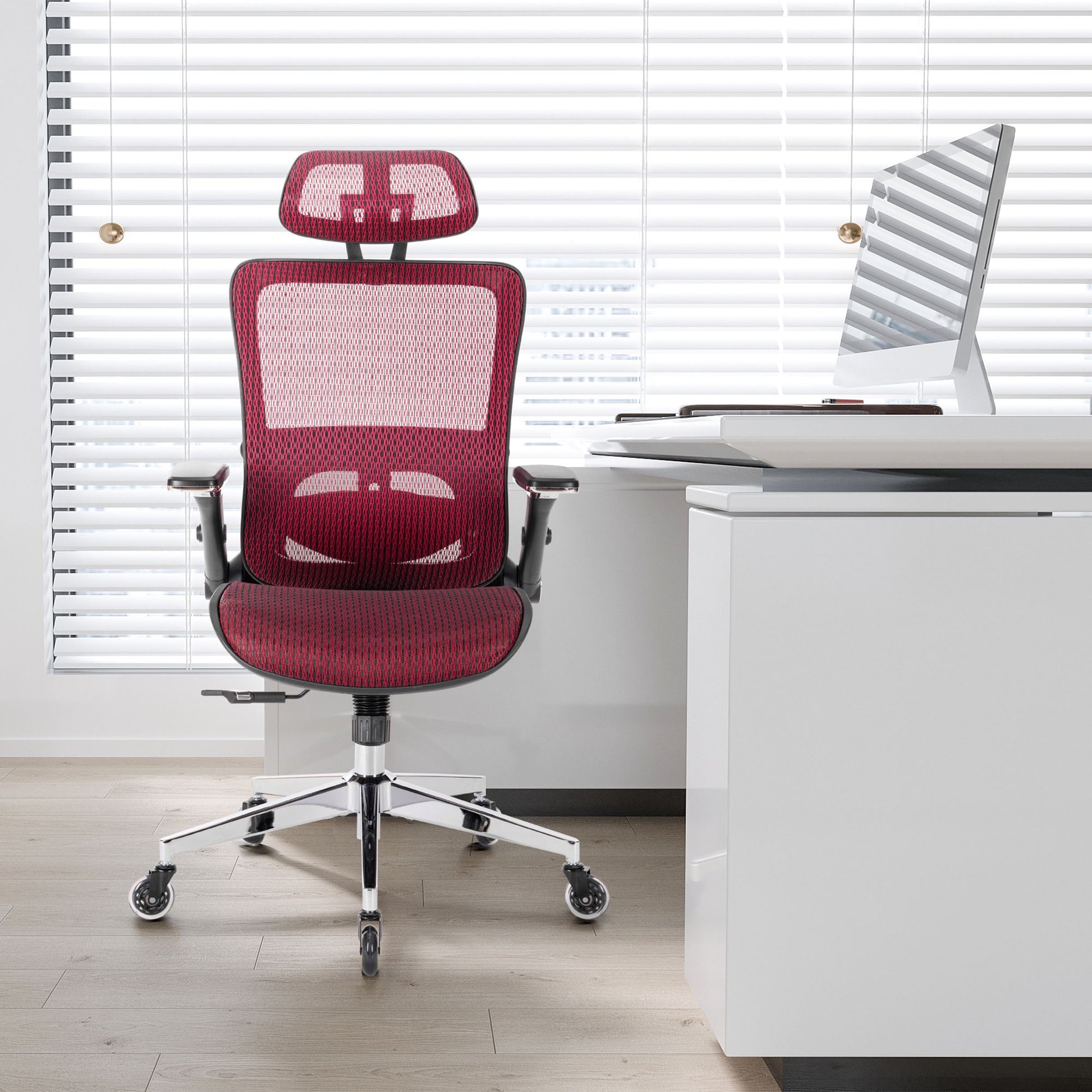Red Ergonomic Mesh Office Chair, High Back Adjustable Headrest With Flip Up Arms, Tilt And Lock Function, Lumbar Support And Blade Wheels, Kd Chrome Metal Legs Red Office American Design Office Chairs Foam Plastic