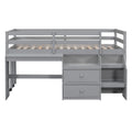 Twin Size Loft Bed With Desk And Drawers, Wooden Loft Bed With Lateral Portable Desk, Gray Gray Solid Wood Mdf