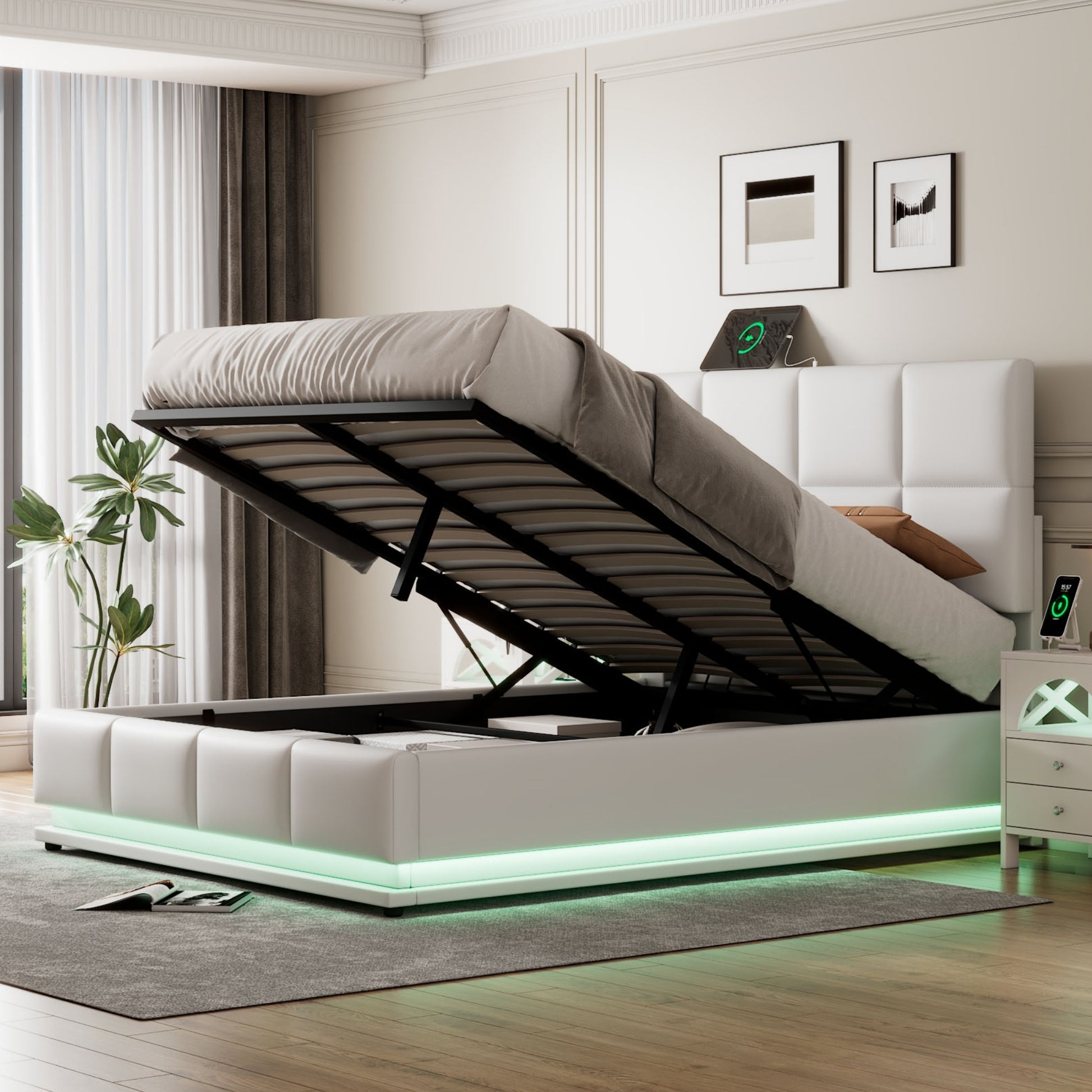 Full Size Tufted Upholstered Platform Bed With Hydraulic Storage System,Pu Storage Bed With Led Lights And Usb Charger, White White Pu