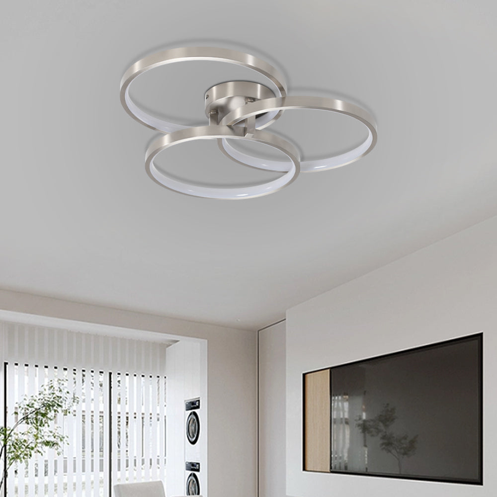 Three Ring Design, Contemporary Semi Flush Mount With Inner Ring Illumination Ceiling Lamp Chrome Modern Aluminium Iron