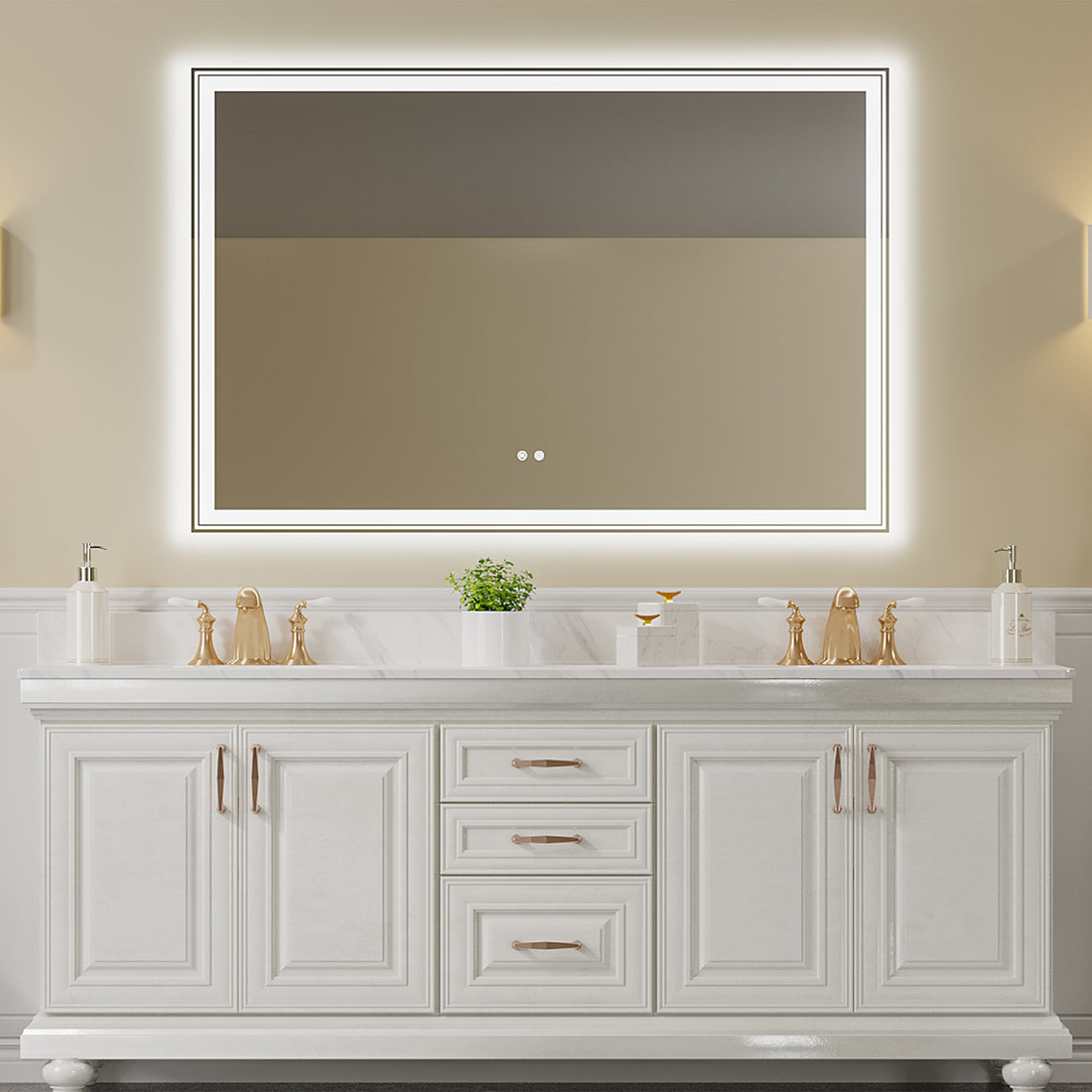 60 40 Inch Led Lit Bathroom Mirror, Wall Mounted Anti Fog Memory Large Adjustable Brightness Front And Back Light Rectangular Vanity Mirror White Glass