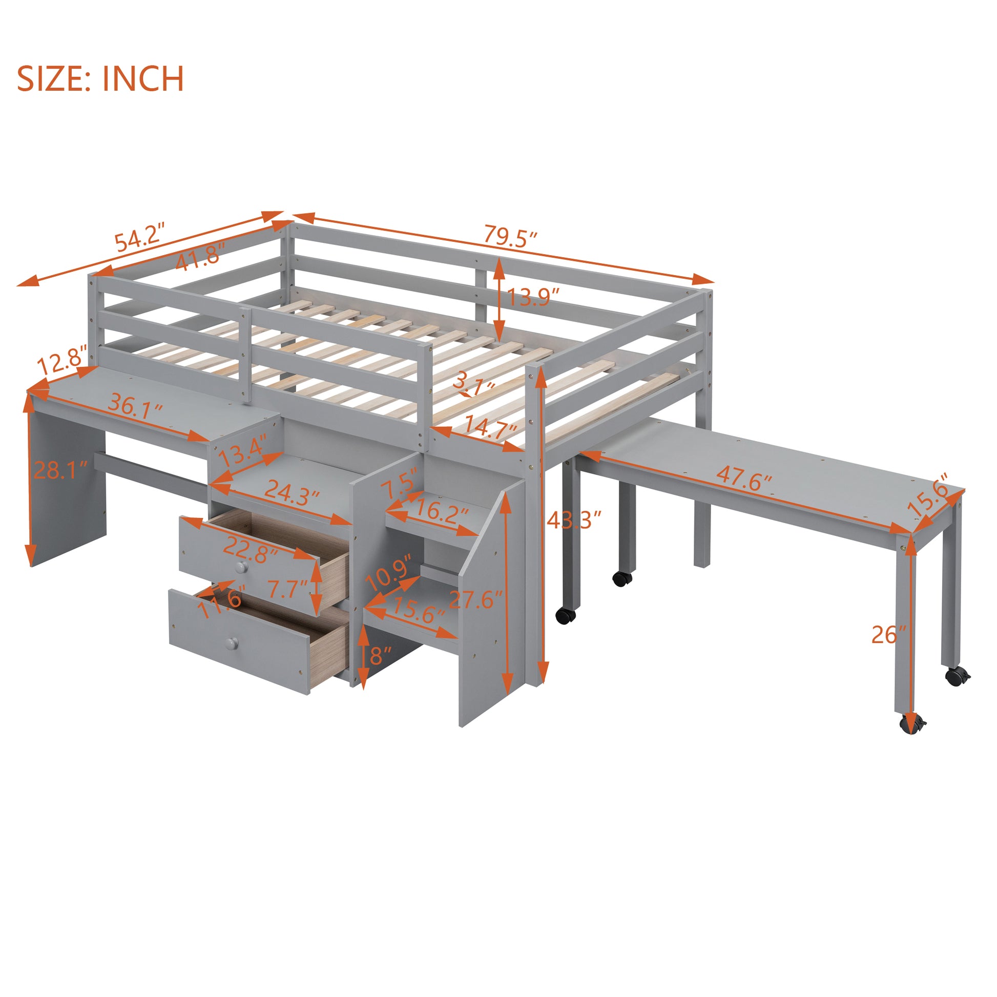 Twin Size Loft Bed With Desk And Drawers, Wooden Loft Bed With Lateral Portable Desk, Gray Gray Solid Wood Mdf