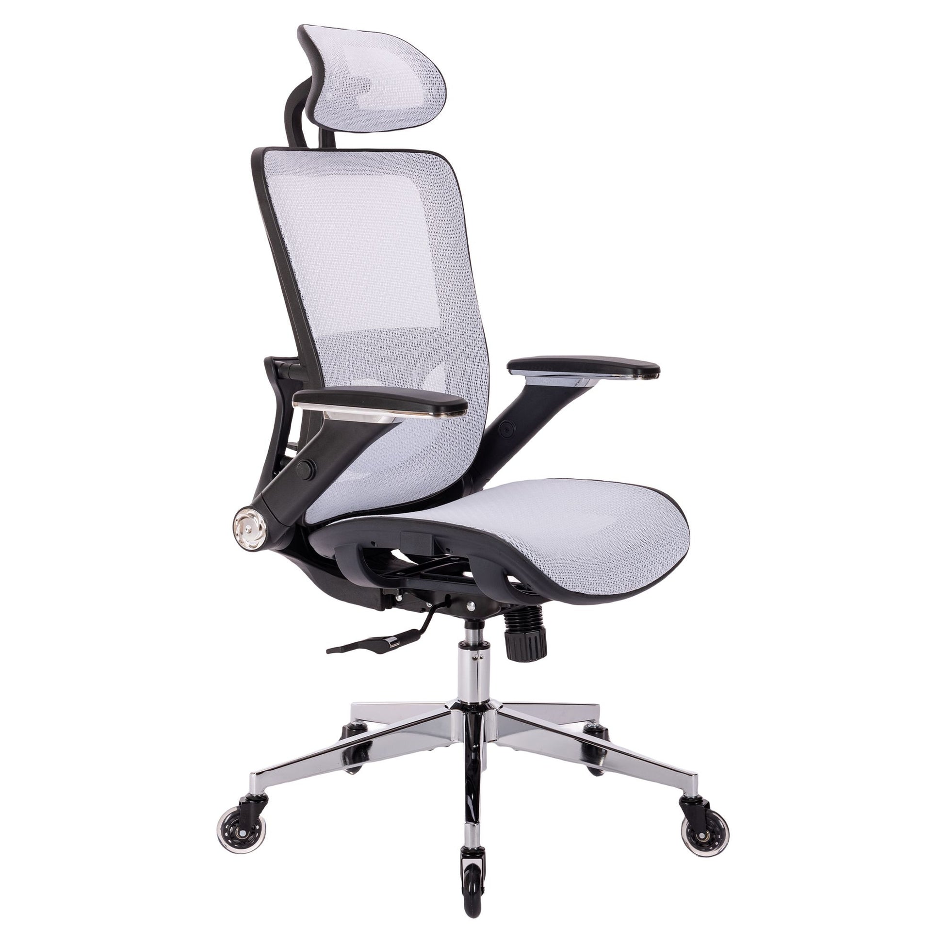 White Ergonomic Mesh Office Chair, High Back Adjustable Headrest With Flip Up Arms, Tilt And Lock Function, Lumbar Support And Blade Wheels, Kd Chrome Metal Legs White Office American Design Office Chairs Foam Plastic