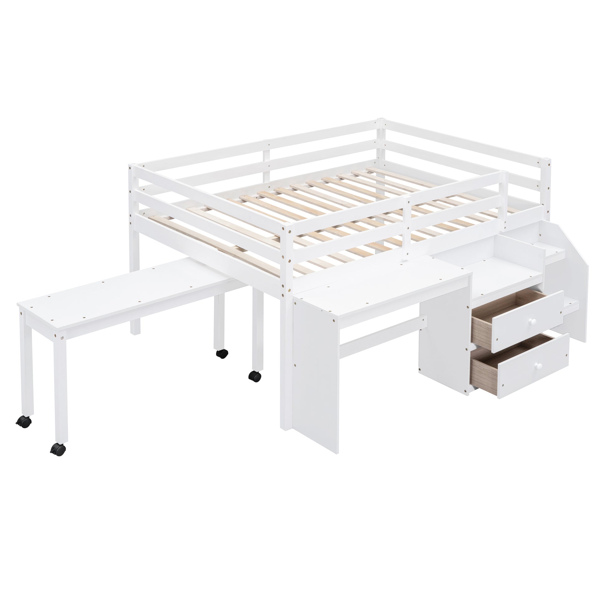 Full Size Loft Bed With Desk And Drawers, Wooden Loft Bed With Lateral Portable Desk, White White Solid Wood Mdf