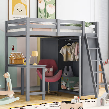 Twin Size Loft Bed With Wardrobe And Desk, Gray Twin Gray Rubber Wood