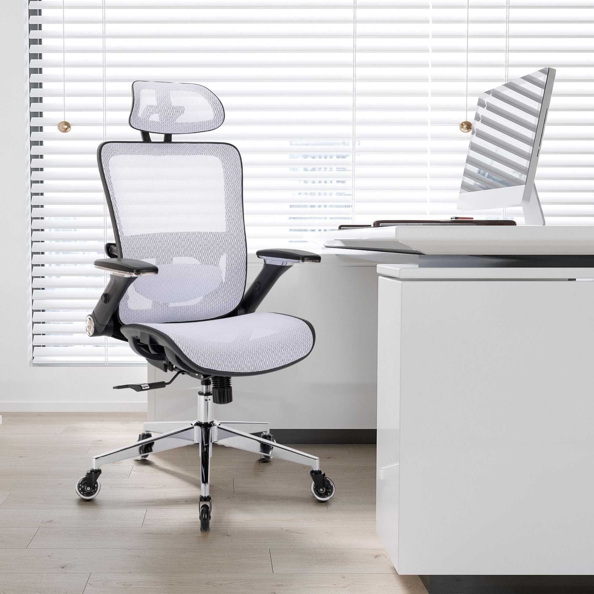 White Ergonomic Mesh Office Chair, High Back Adjustable Headrest With Flip Up Arms, Tilt And Lock Function, Lumbar Support And Blade Wheels, Kd Chrome Metal Legs White Office American Design Office Chairs Foam Plastic