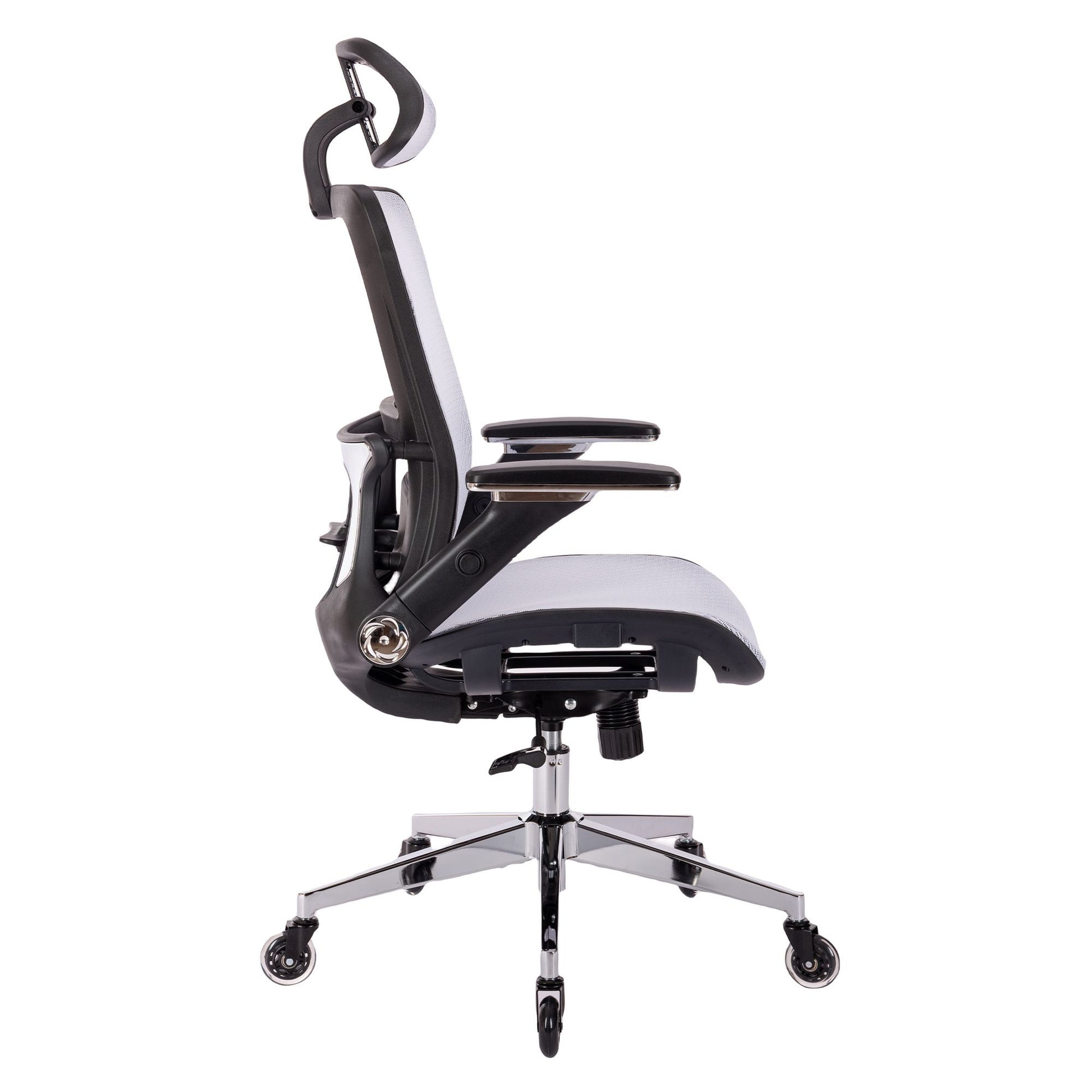 White Ergonomic Mesh Office Chair, High Back Adjustable Headrest With Flip Up Arms, Tilt And Lock Function, Lumbar Support And Blade Wheels, Kd Chrome Metal Legs White Office American Design Office Chairs Foam Plastic