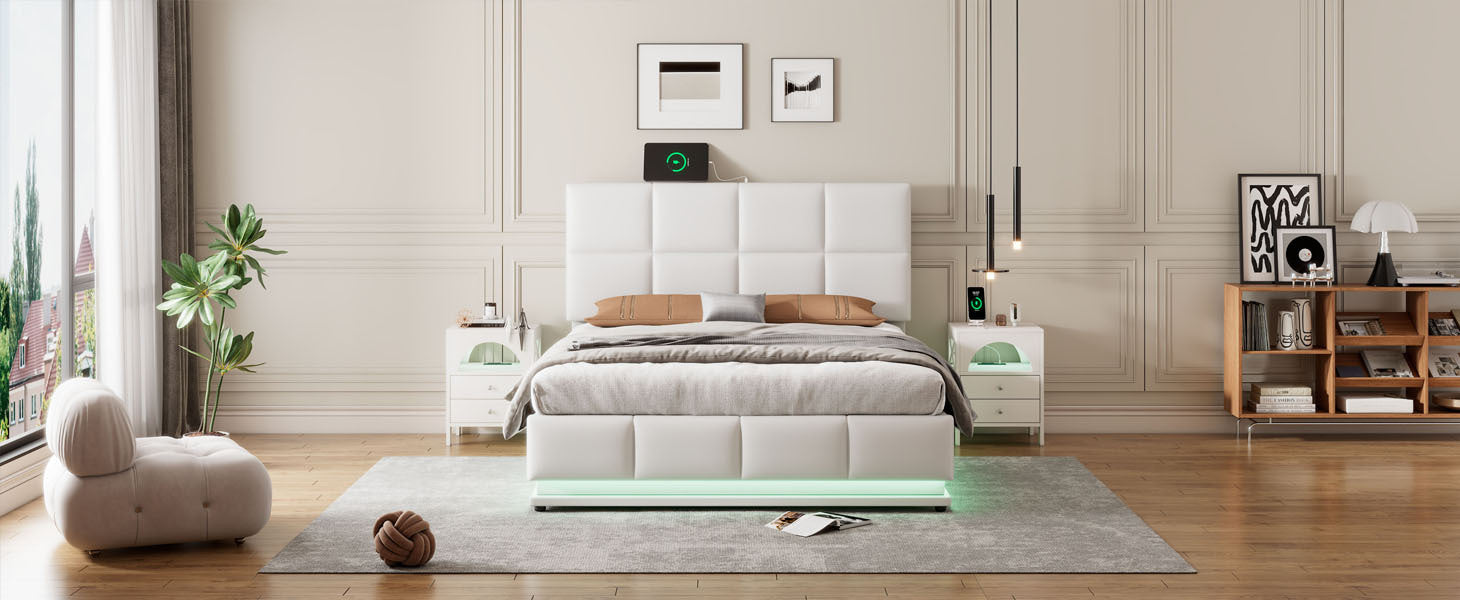 Full Size Tufted Upholstered Platform Bed With Hydraulic Storage System,Pu Storage Bed With Led Lights And Usb Charger, White White Pu