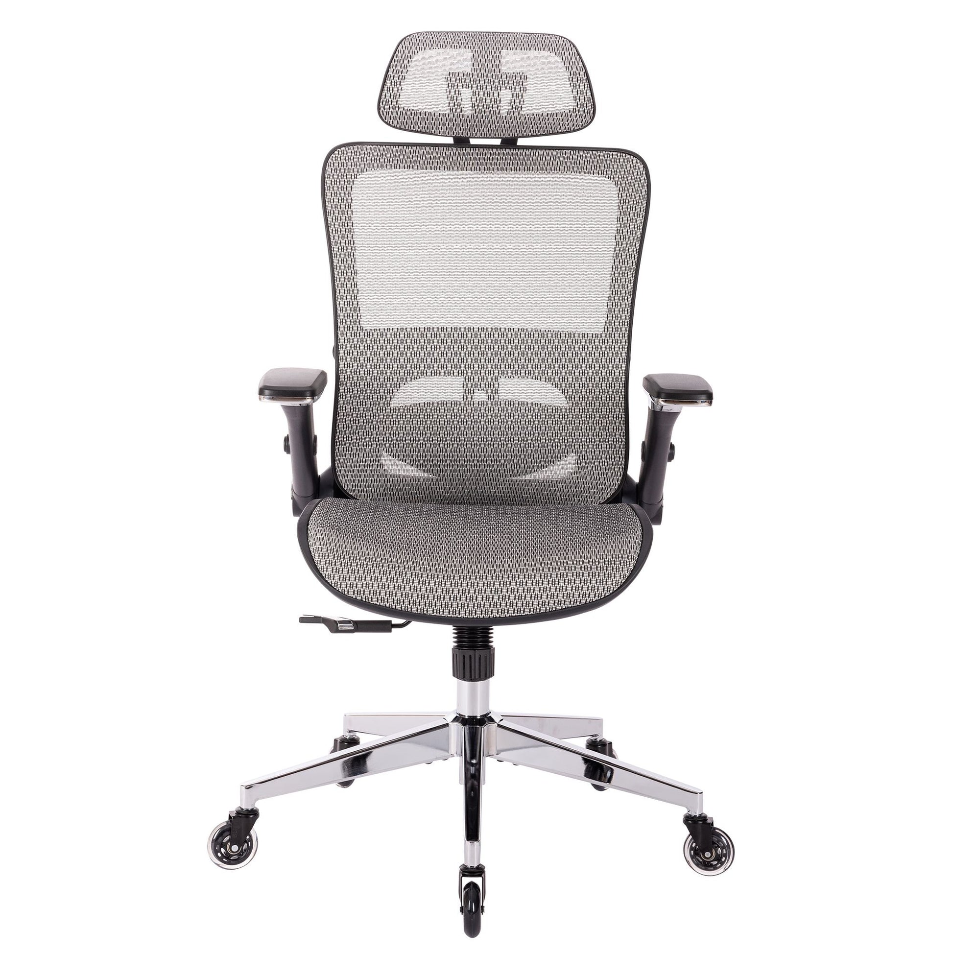 Grey Ergonomic Mesh Office Chair, High Back Adjustable Headrest With Flip Up Arms, Tilt And Lock Function, Lumbar Support And Blade Wheels, Kd Chrome Metal Legs Black Office American Design Office Chairs Foam Plastic