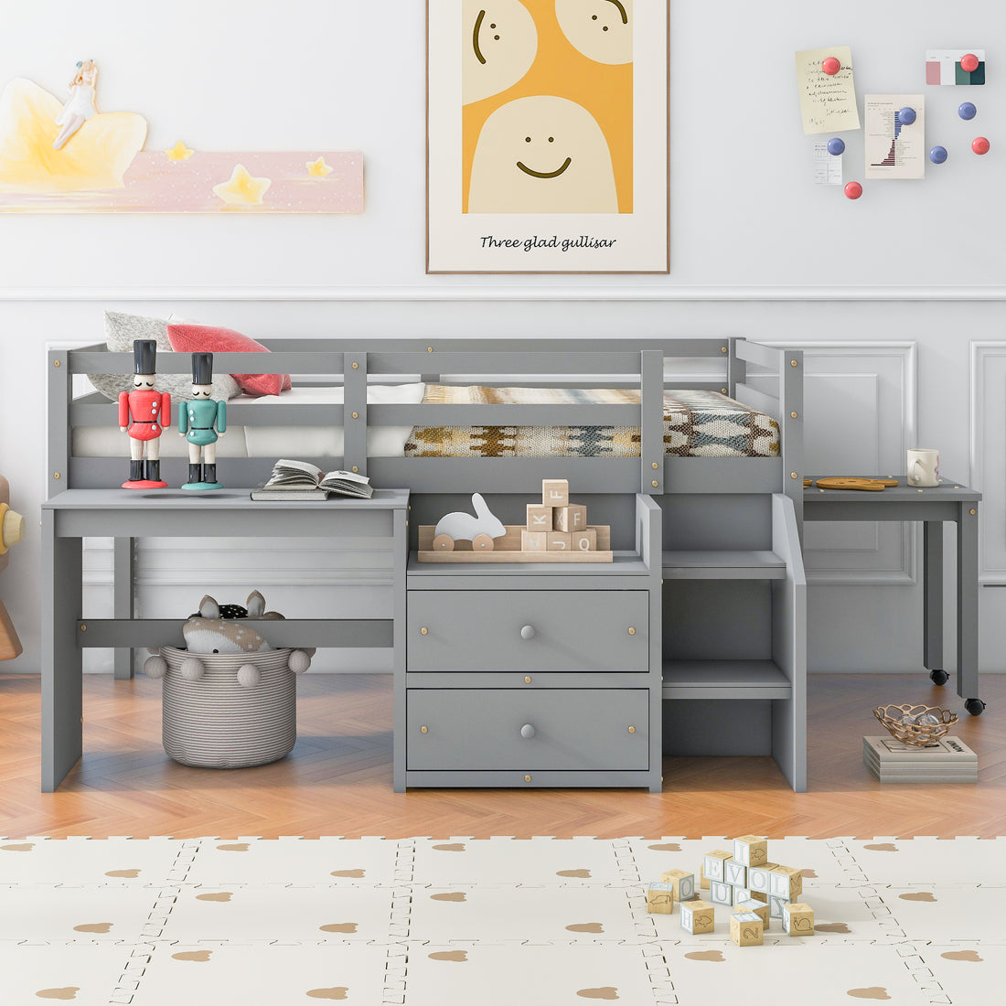 Twin Size Loft Bed With Desk And Drawers, Wooden Loft Bed With Lateral Portable Desk, Gray Gray Solid Wood Mdf