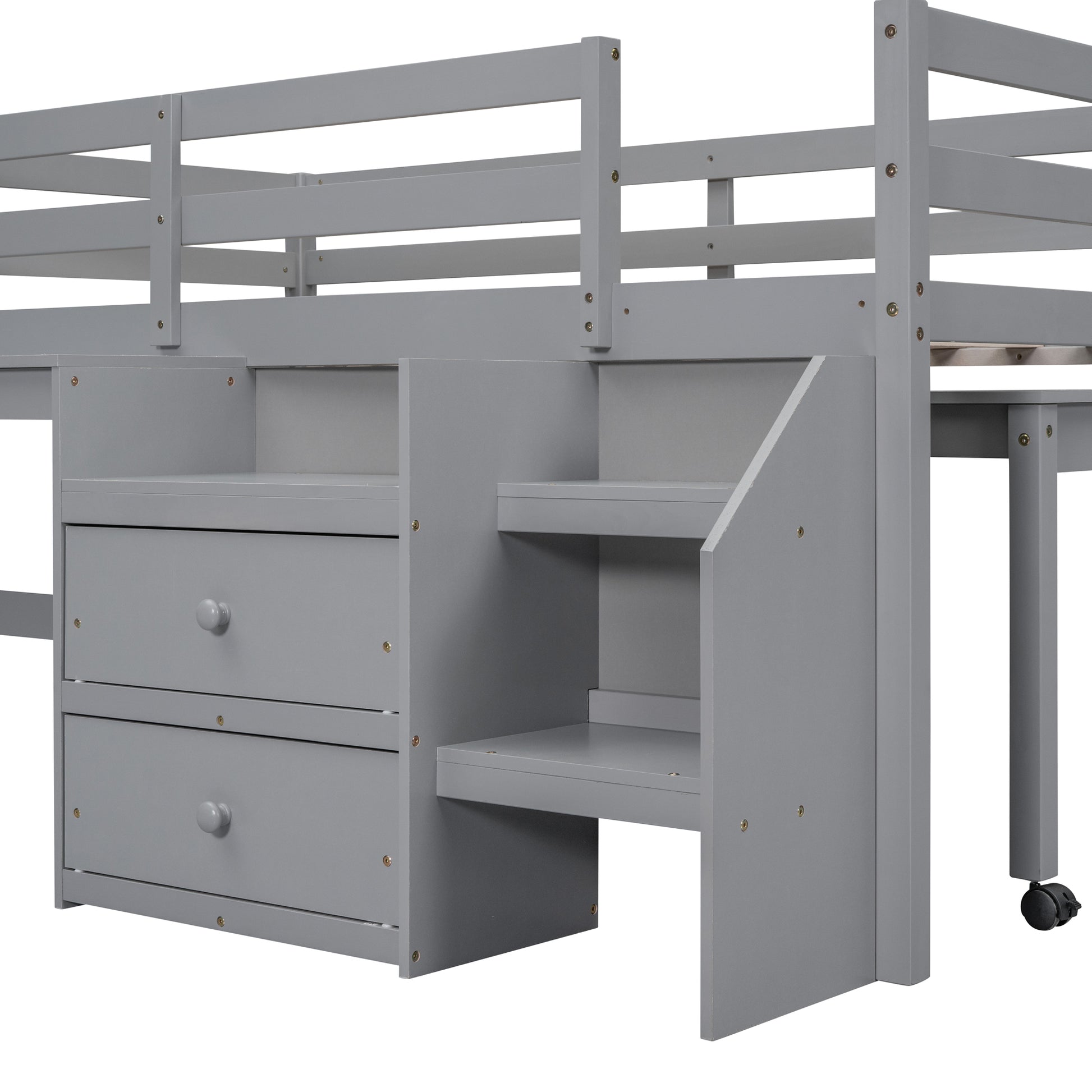 Twin Size Loft Bed With Desk And Drawers, Wooden Loft Bed With Lateral Portable Desk, Gray Gray Solid Wood Mdf