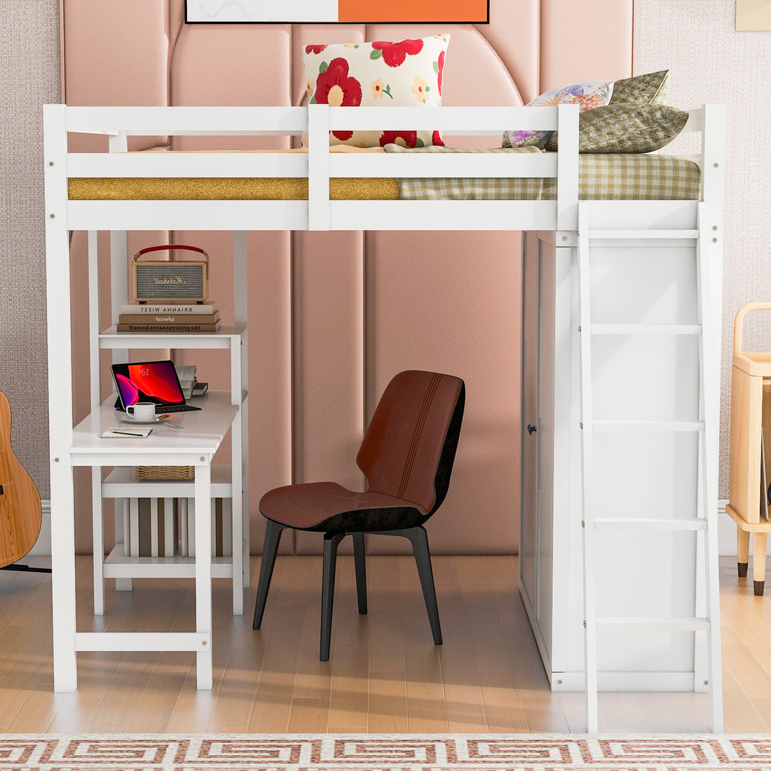 Full Size Loft Bed With Wardrobe And Desk And Shelves, White Full White Rubber Wood