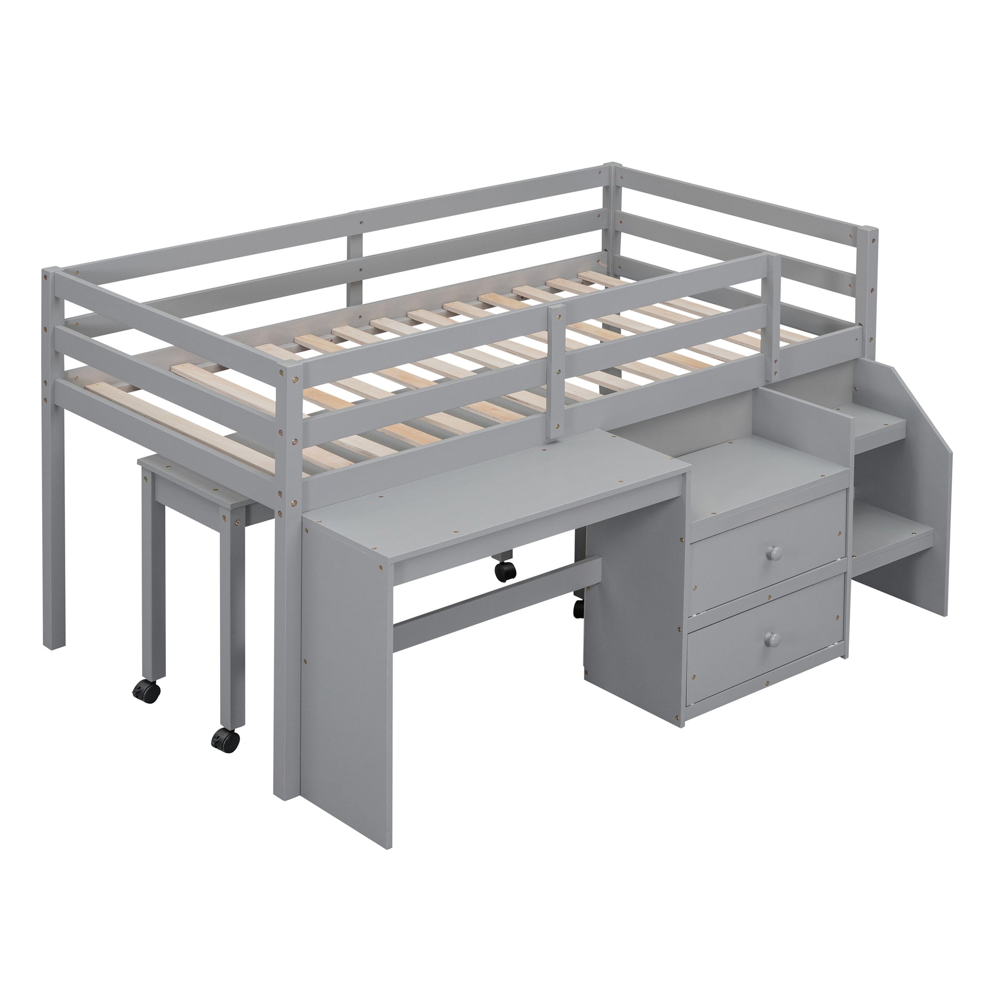 Twin Size Loft Bed With Desk And Drawers, Wooden Loft Bed With Lateral Portable Desk, Gray Gray Solid Wood Mdf