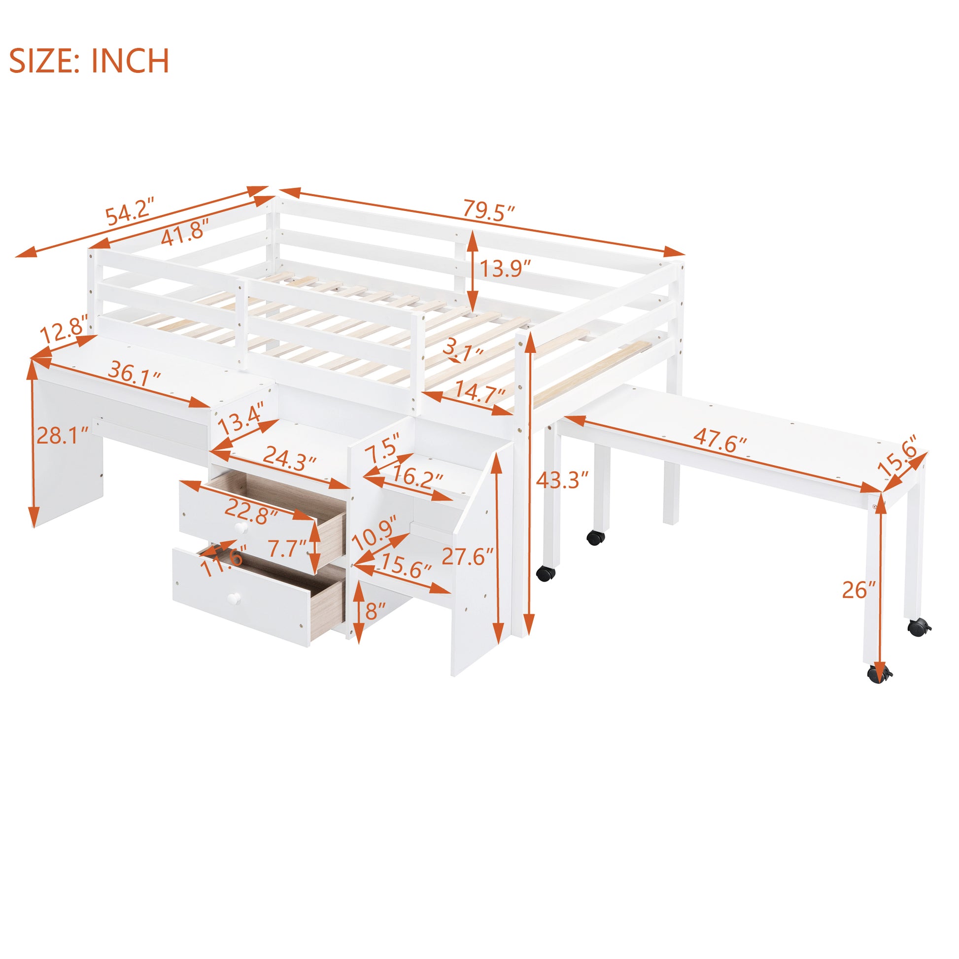 Twin Size Loft Bed With Desk And Drawers, Wooden Loft Bed With Lateral Portable Desk, White White Solid Wood Mdf