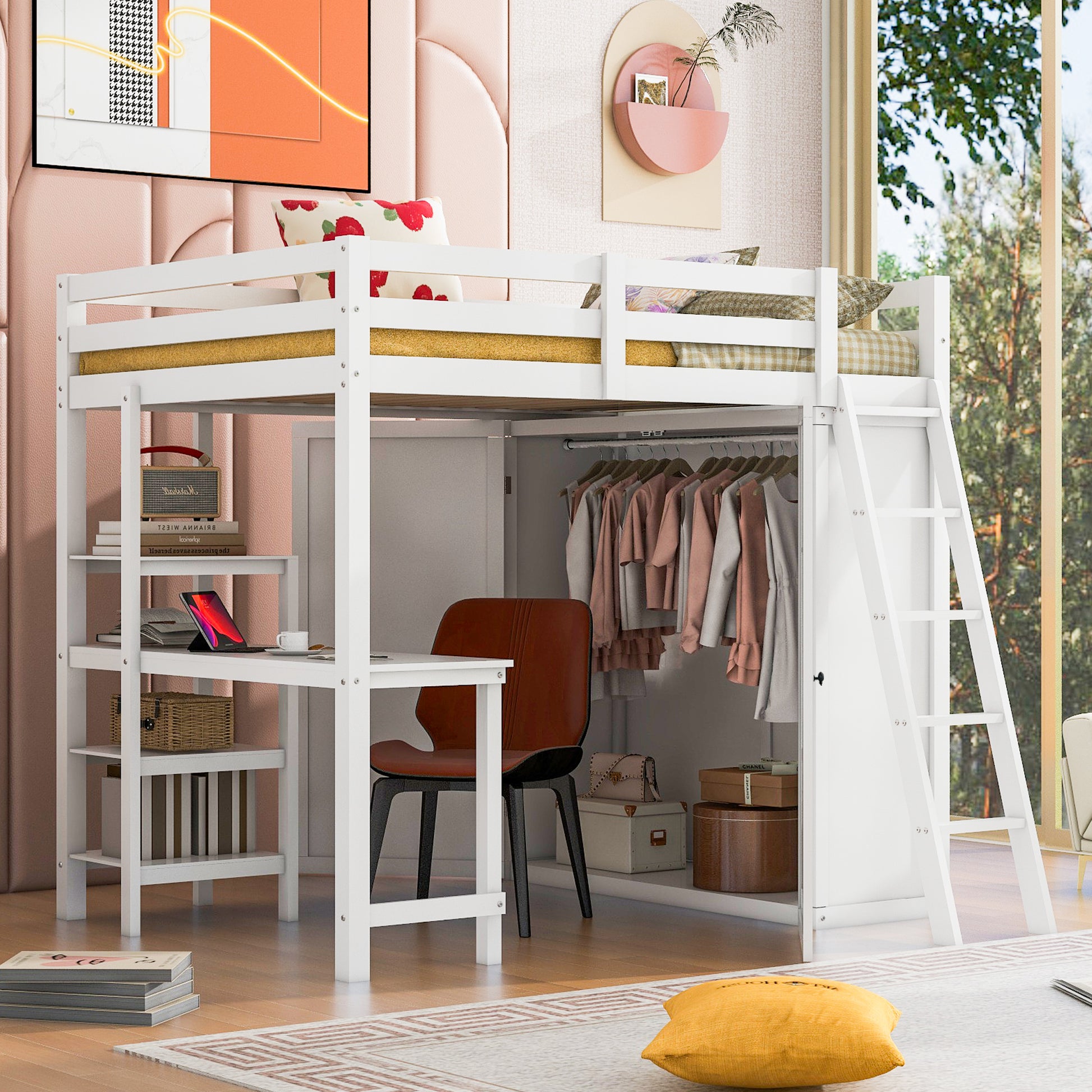 Full Size Loft Bed With Wardrobe And Desk And Shelves, White Full White Rubber Wood