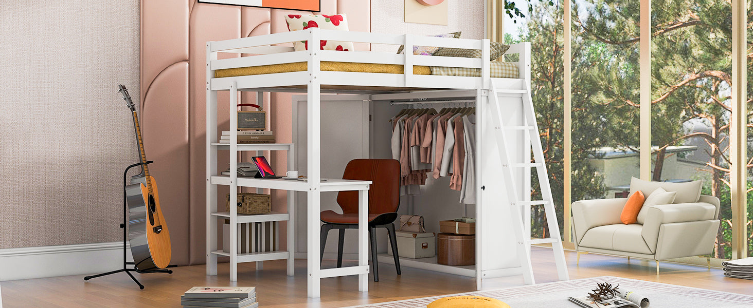 Full Size Loft Bed With Wardrobe And Desk And Shelves, White Full White Rubber Wood