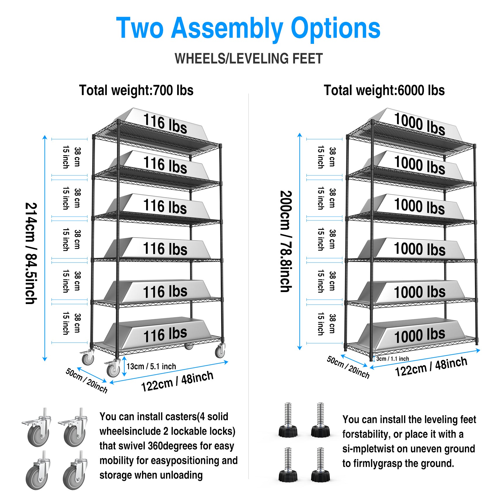 6 Tier Wire Shelving Unit, 6000 Lbs Nsf Height Adjustable Metal Garage Storage Shelves With Wheels, Heavy Duty Storage Wire Rack Metal Shelves Black 204882 Black Iron Plastic