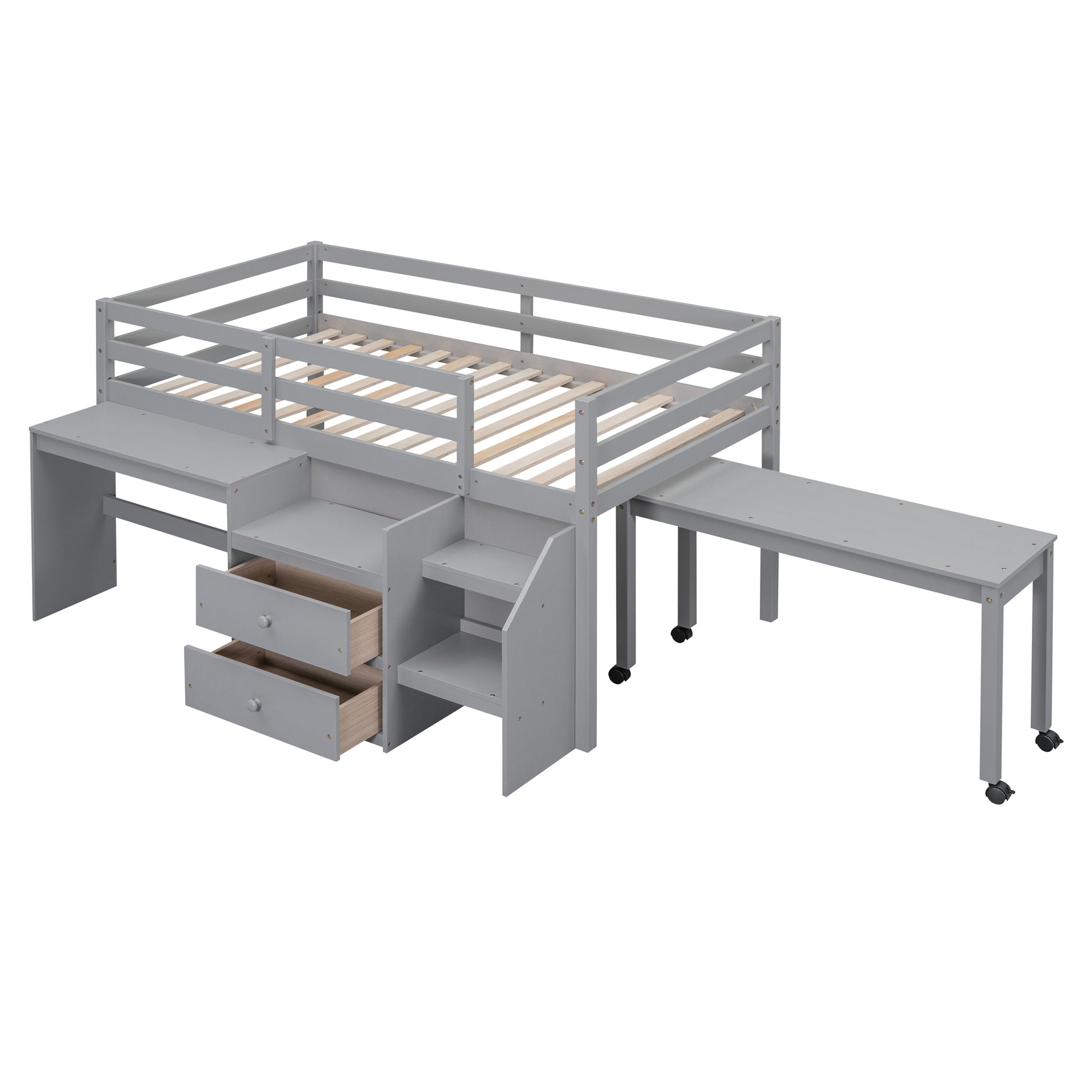 Twin Size Loft Bed With Desk And Drawers, Wooden Loft Bed With Lateral Portable Desk, Gray Gray Solid Wood Mdf