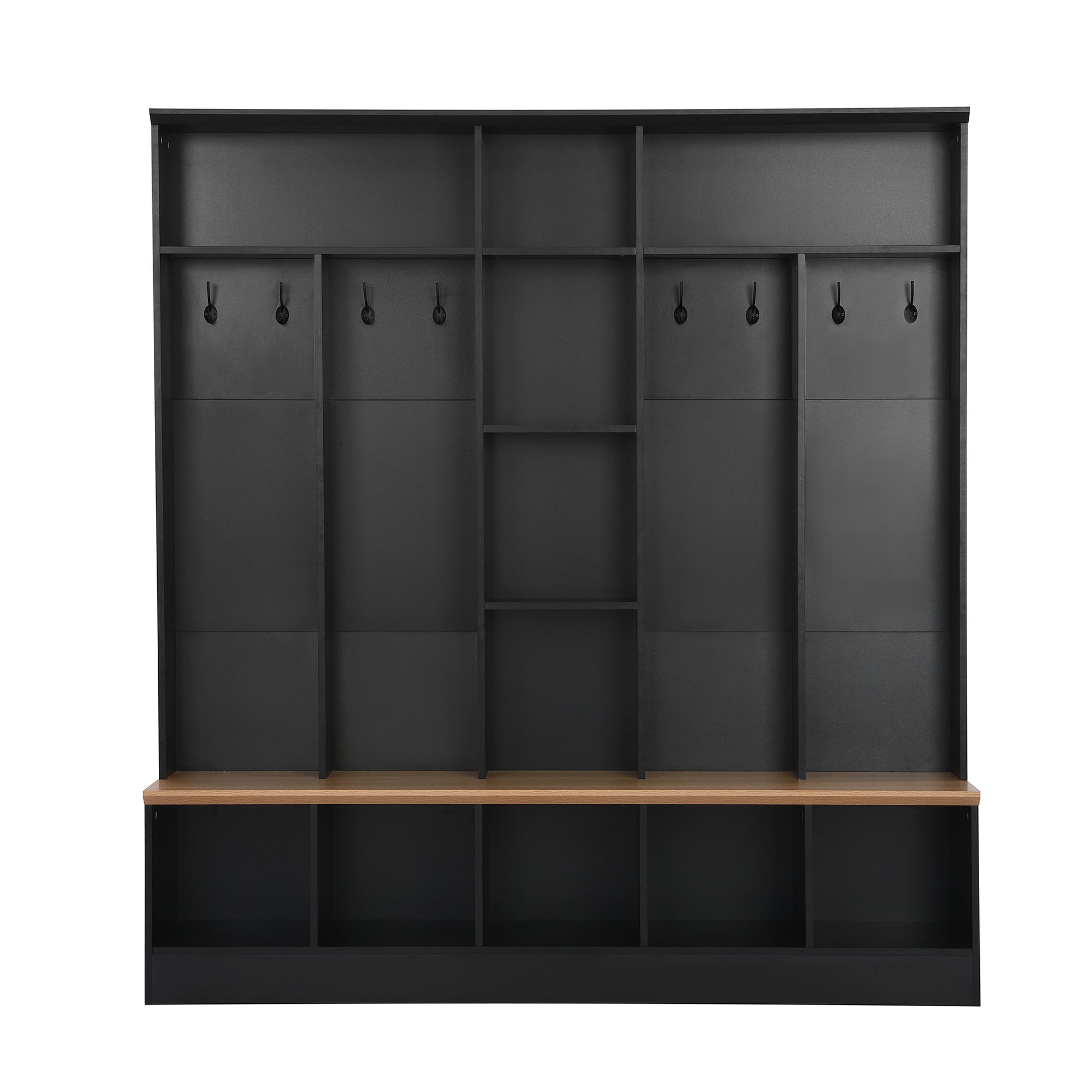 Wide Design Hall Tree With Storage Bench, Minimalist Shoe Cabinet With Cube Storage & Shelves, Multifunctional Coat Rack With 8 Hooks For Entryways, Mudroom, Black High Back Black Primary Living Space Cubby Particle Board