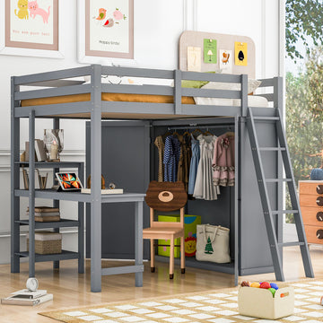 Full Size Loft Bed With Wardrobe And Desk And Shelves, Gray Full Gray Rubber Wood