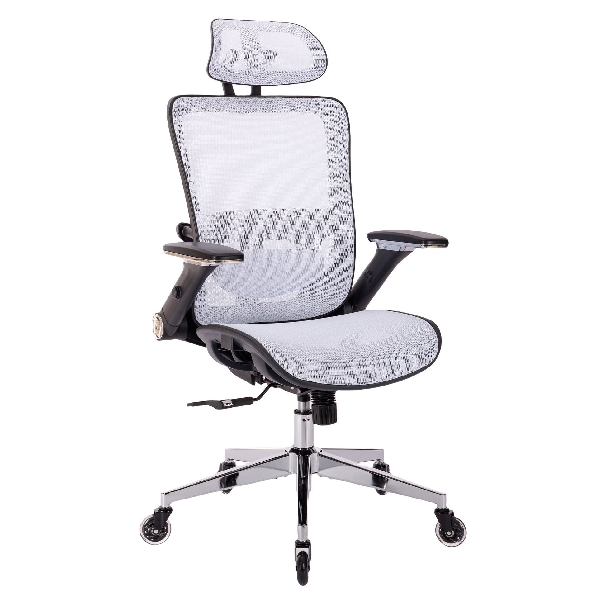 White Ergonomic Mesh Office Chair, High Back Adjustable Headrest With Flip Up Arms, Tilt And Lock Function, Lumbar Support And Blade Wheels, Kd Chrome Metal Legs White Office American Design Office Chairs Foam Plastic