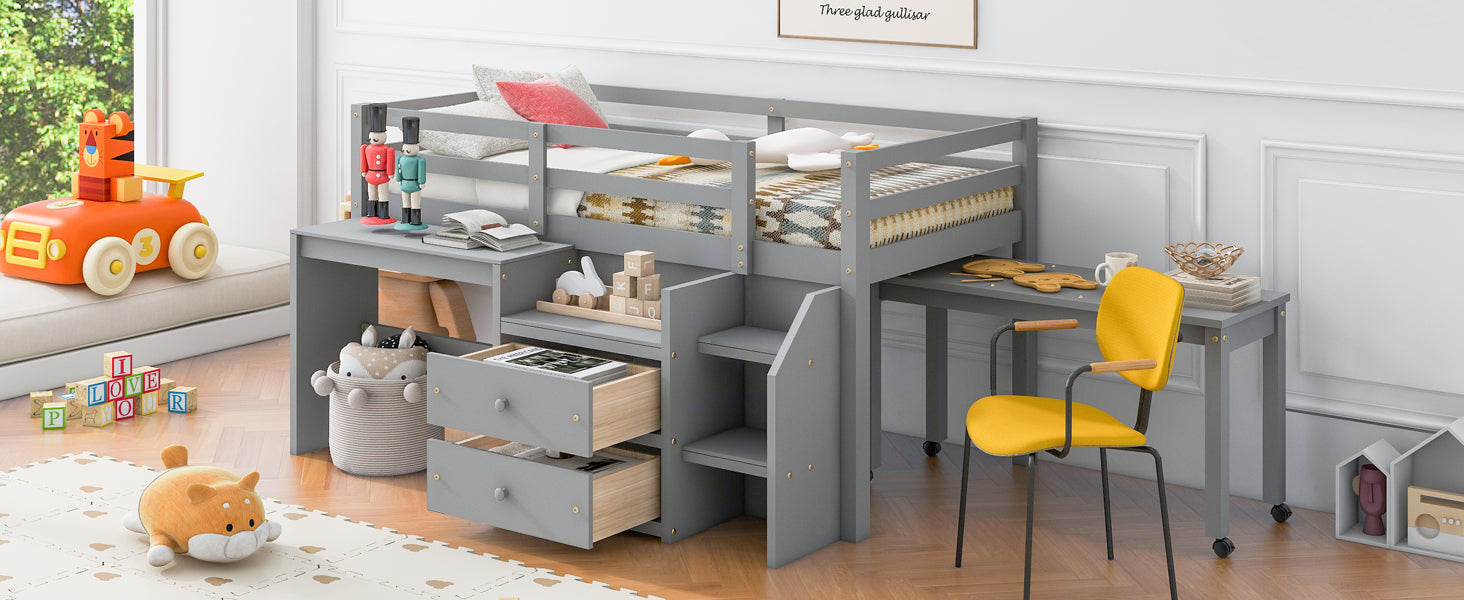 Twin Size Loft Bed With Desk And Drawers, Wooden Loft Bed With Lateral Portable Desk, Gray Gray Solid Wood Mdf