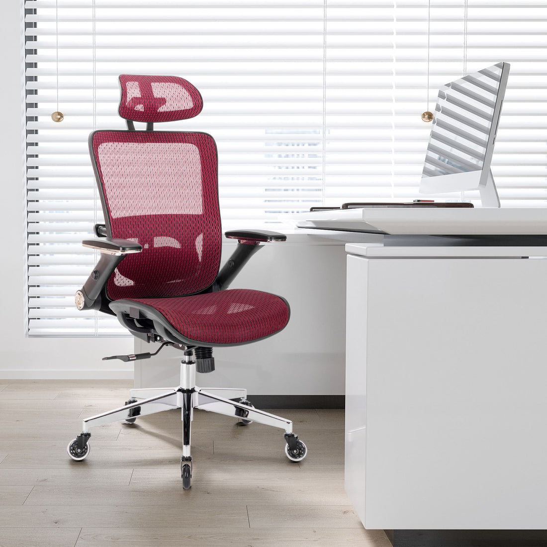 Red Ergonomic Mesh Office Chair, High Back Adjustable Headrest With Flip Up Arms, Tilt And Lock Function, Lumbar Support And Blade Wheels, Kd Chrome Metal Legs Red Office American Design Office Chairs Foam Plastic