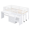 Twin Size Loft Bed With Desk And Drawers, Wooden Loft Bed With Lateral Portable Desk, White White Solid Wood Mdf