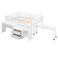 Full Size Loft Bed With Desk And Drawers, Wooden Loft Bed With Lateral Portable Desk, White White Solid Wood Mdf