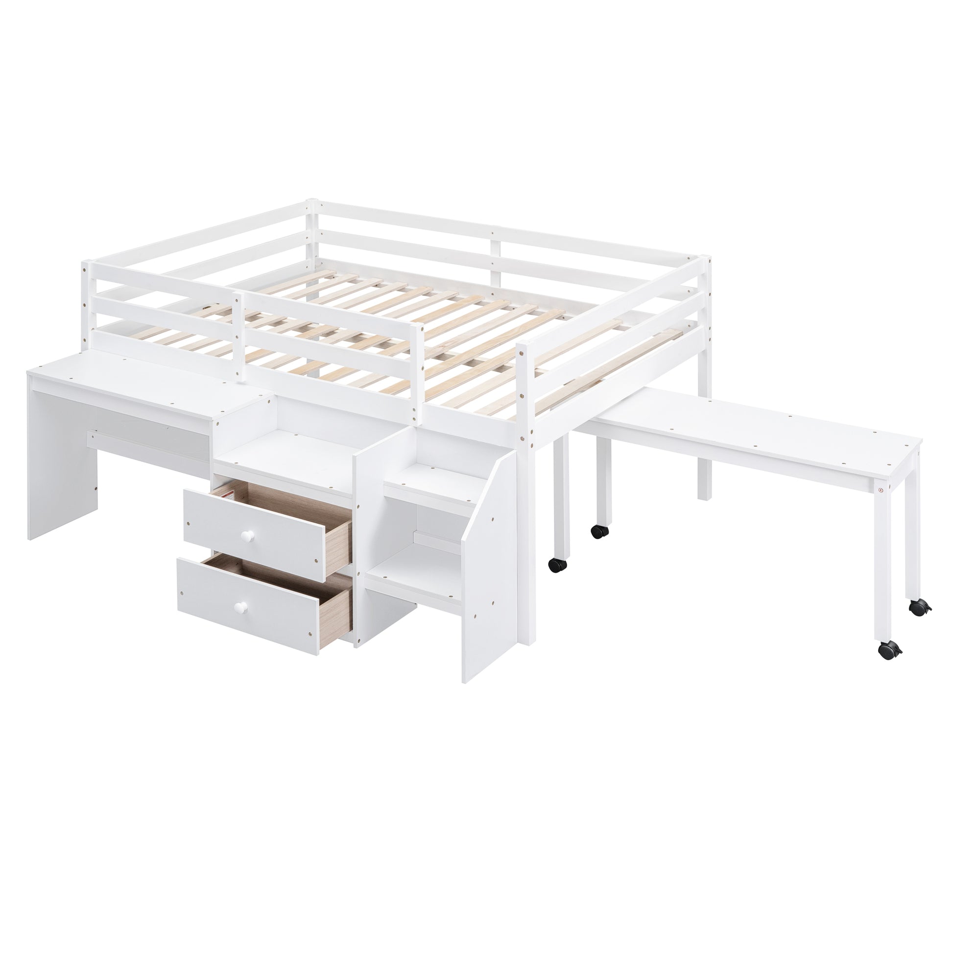 Full Size Loft Bed With Desk And Drawers, Wooden Loft Bed With Lateral Portable Desk, White White Solid Wood Mdf