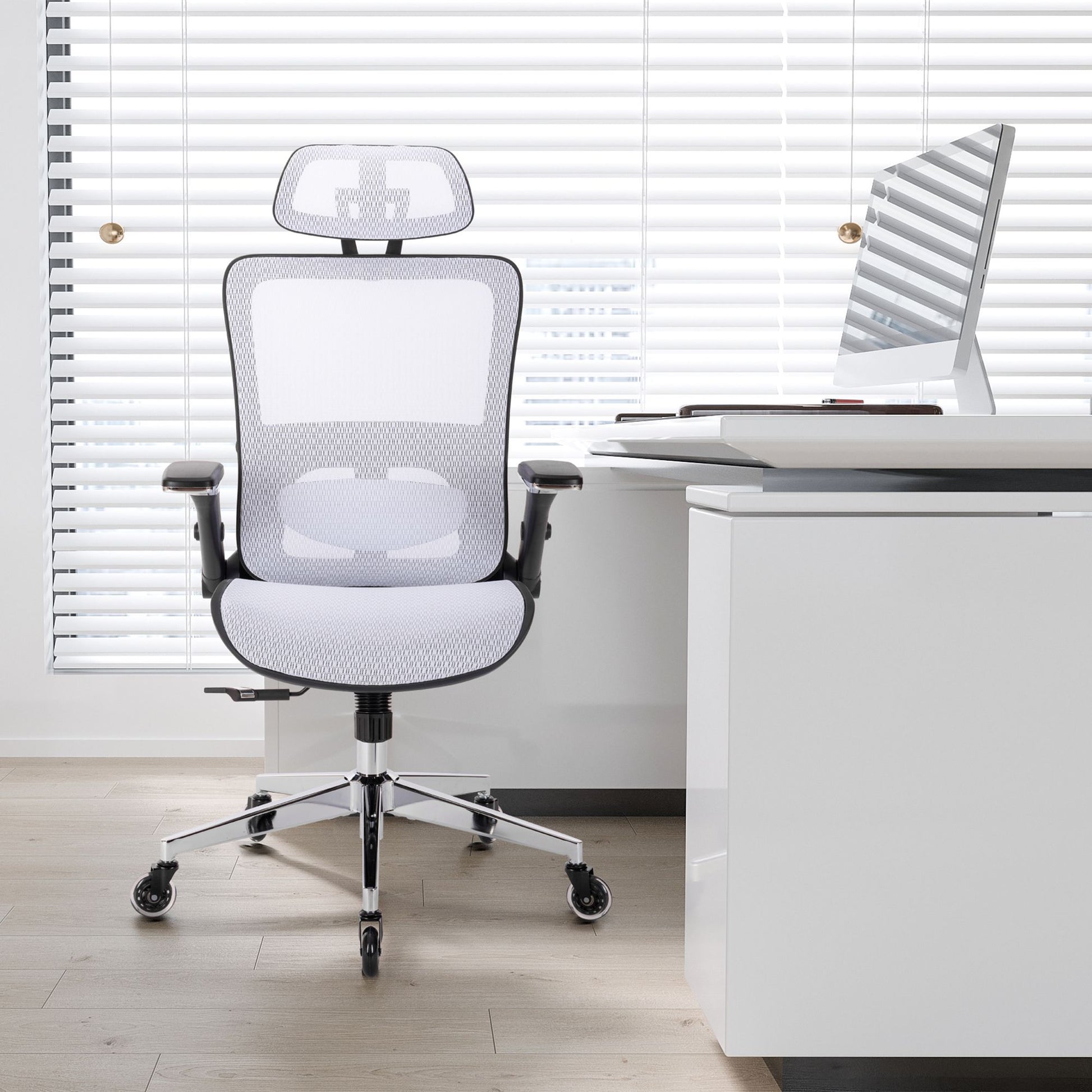 White Ergonomic Mesh Office Chair, High Back Adjustable Headrest With Flip Up Arms, Tilt And Lock Function, Lumbar Support And Blade Wheels, Kd Chrome Metal Legs White Office American Design Office Chairs Foam Plastic