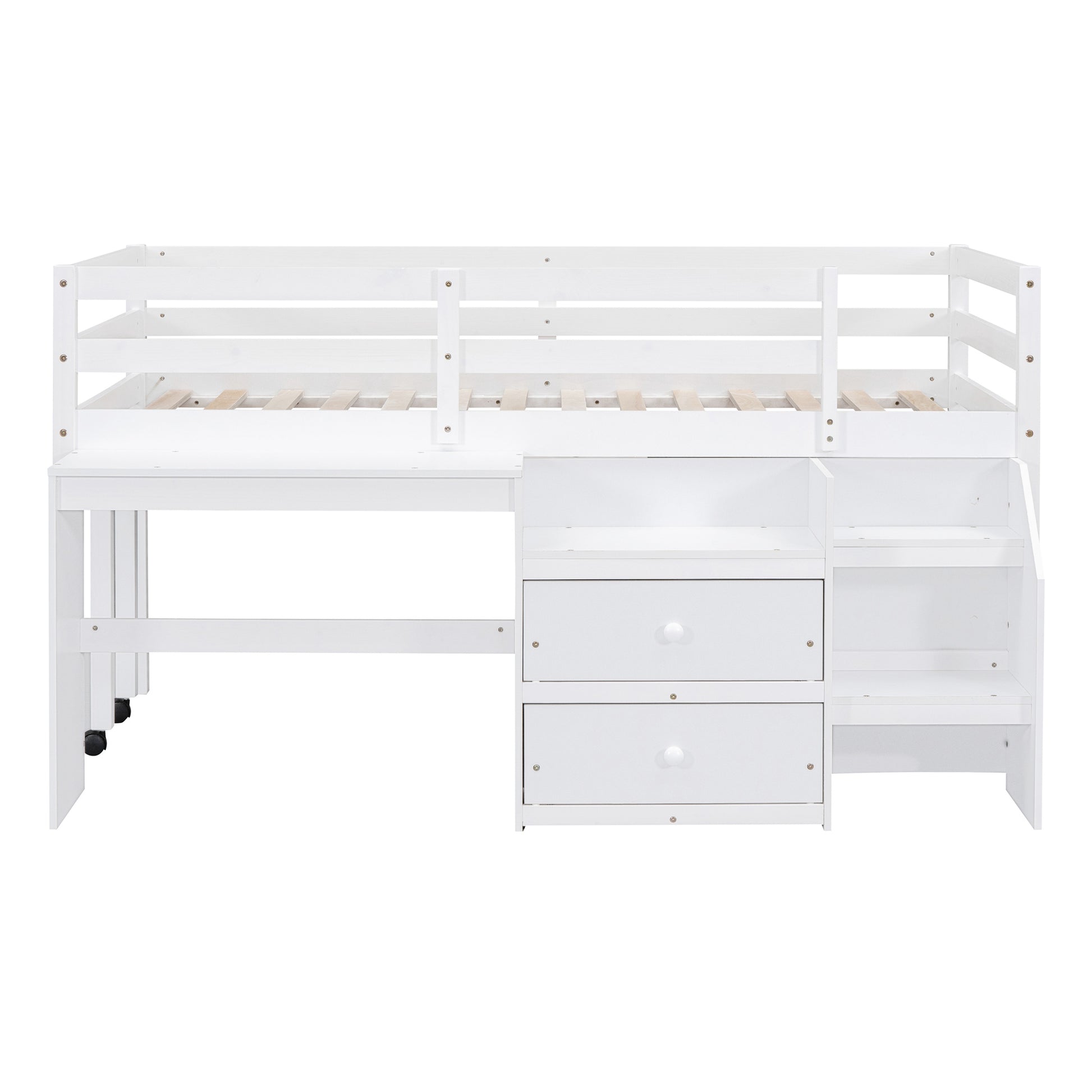 Twin Size Loft Bed With Desk And Drawers, Wooden Loft Bed With Lateral Portable Desk, White White Solid Wood Mdf