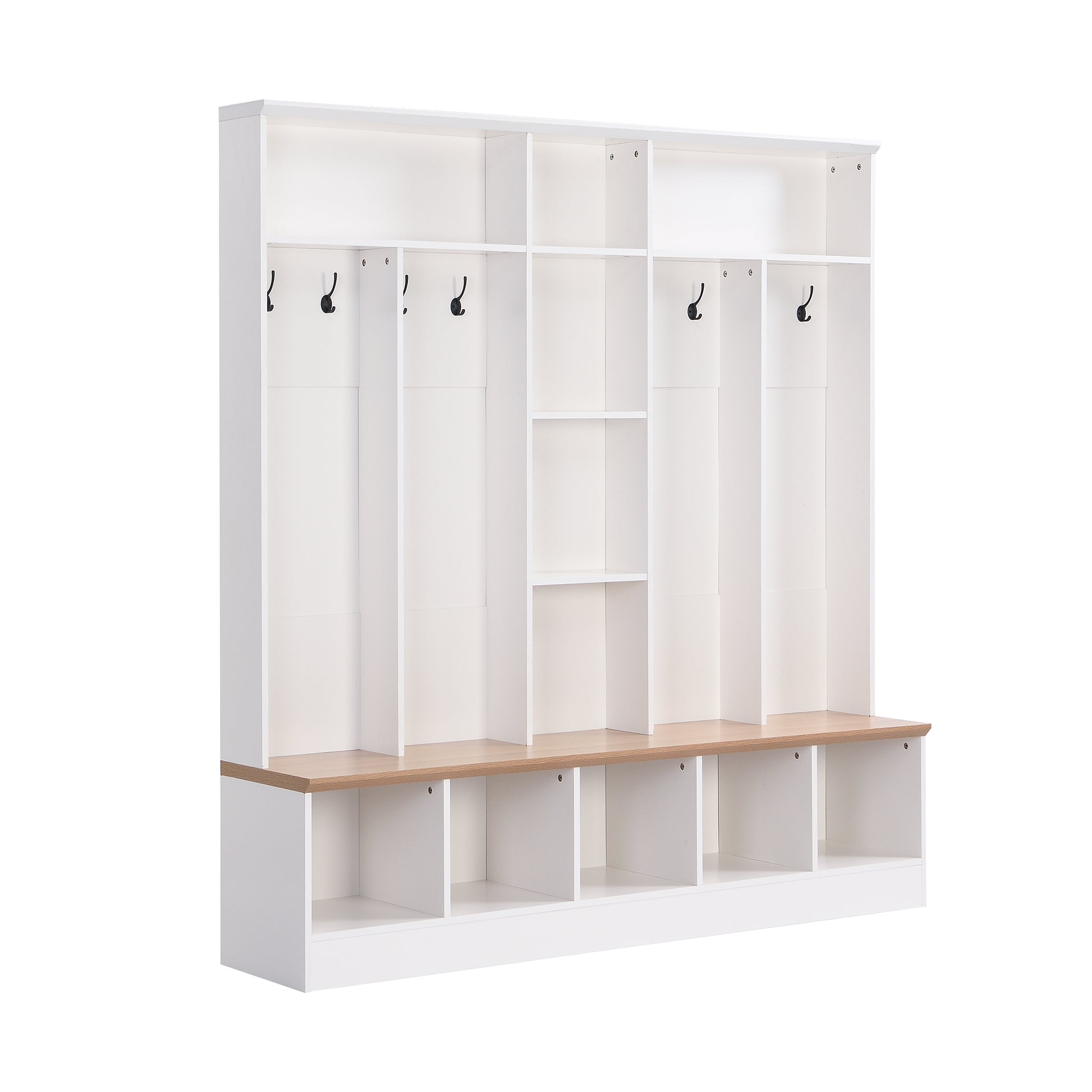 Wide Design Hall Tree With Storage Bench, Minimalist Shoe Cabinet With Cube Storage & Shelves, Multifunctional Coat Rack With 8 Hooks For Entryways, Mudroom, White White Primary Living Space