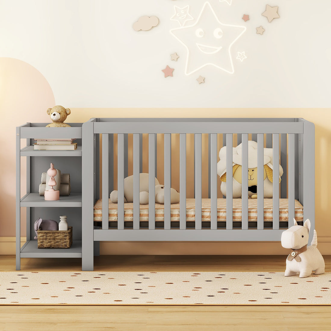 Convertible Crib Full Size Bed With Changing Table, Gray Gray Solid Wood