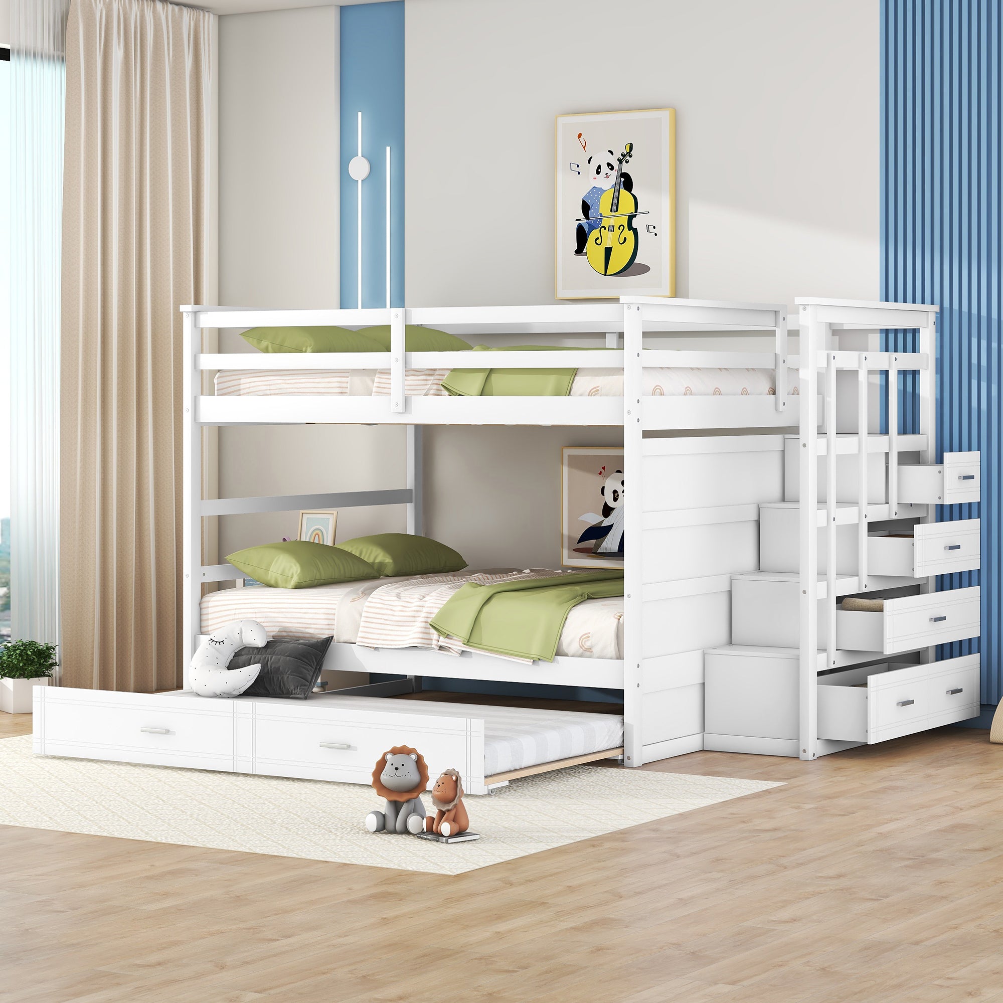 Full Over Full Bunk Bed With Twin Size Trundle And Staircase, White White Solid Wood