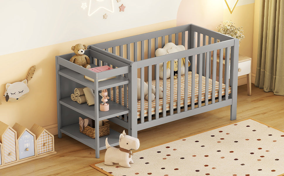 Convertible Crib Full Size Bed With Changing Table, Gray Gray Solid Wood