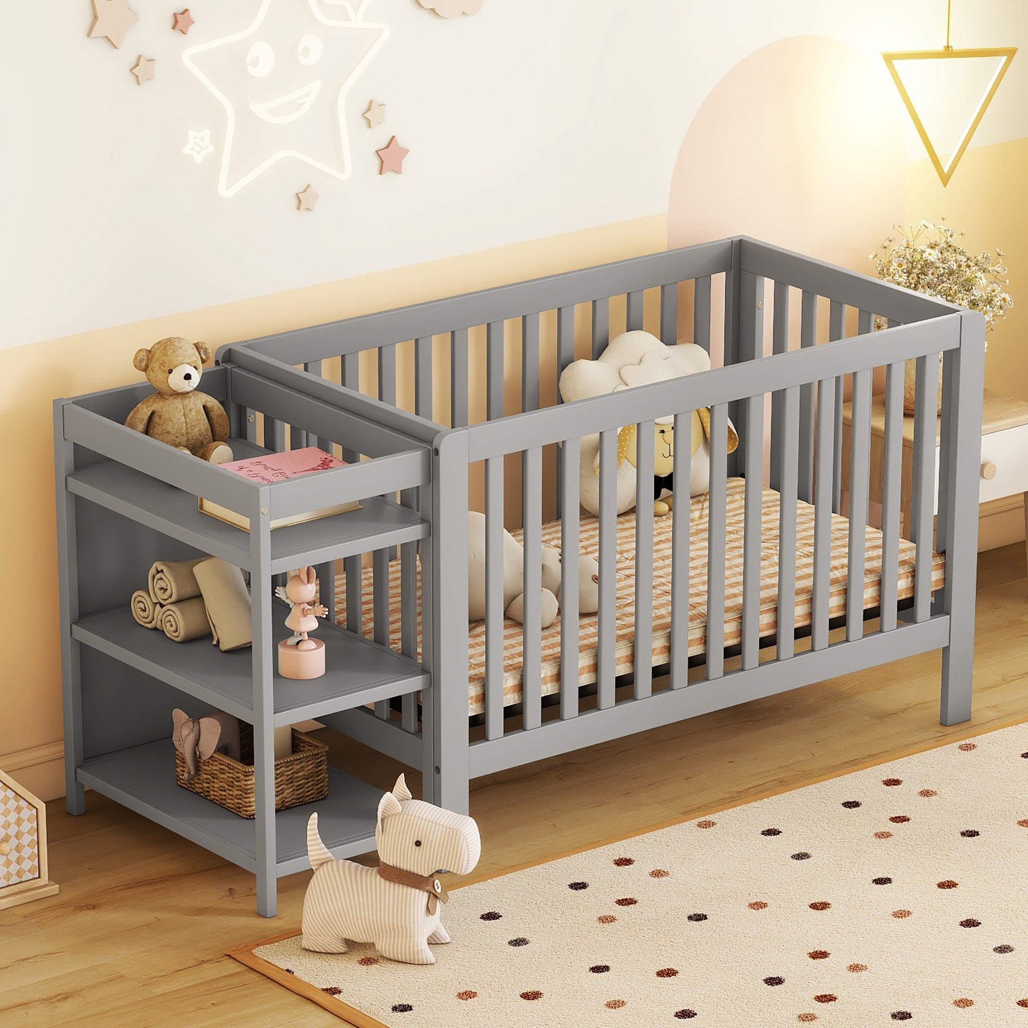 Convertible Crib Full Size Bed With Changing Table, Gray Gray Solid Wood