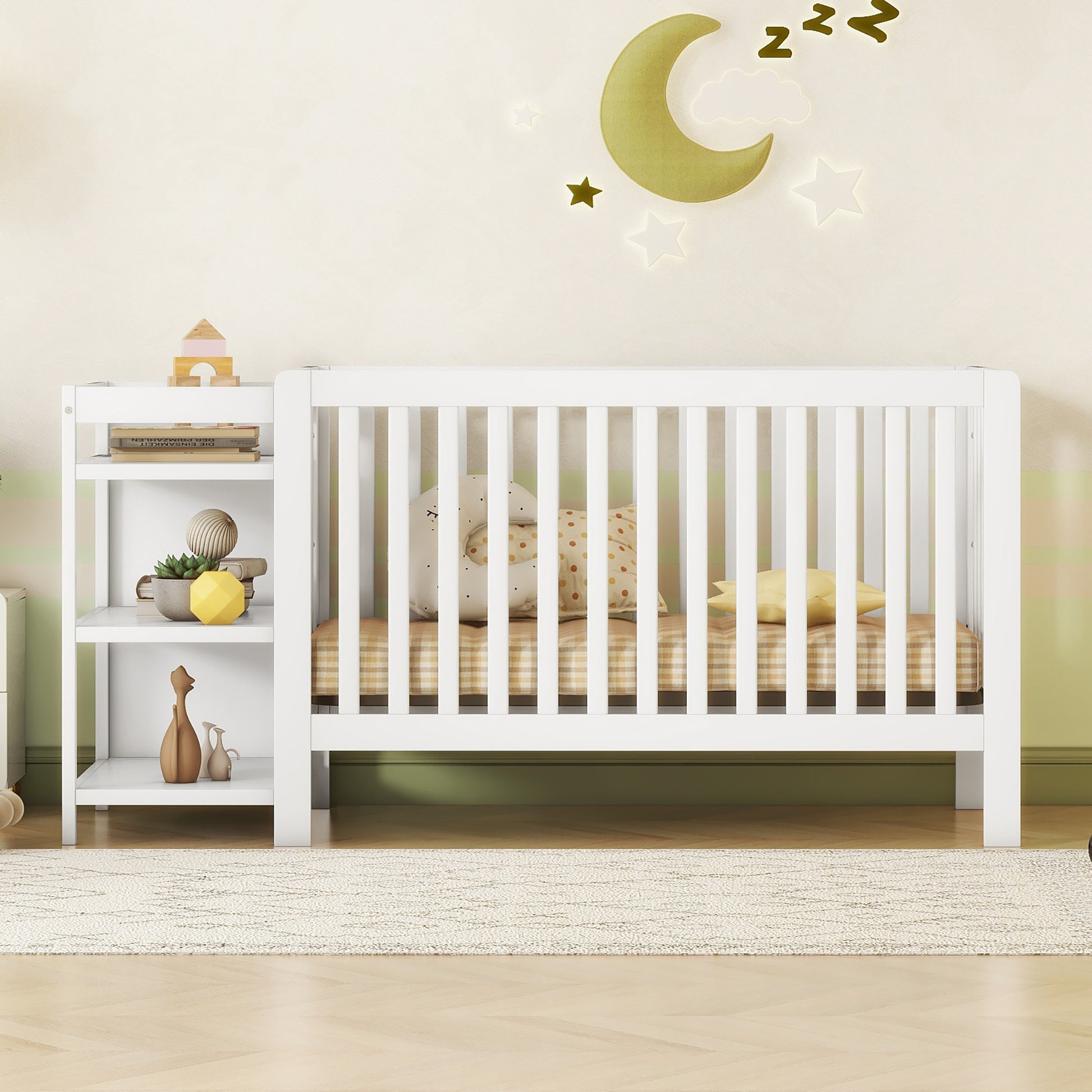 Convertible Crib Full Size Bed With Changing Table, White White Solid Wood